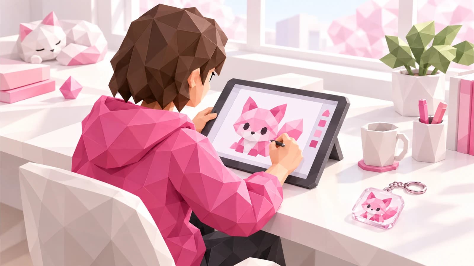 机でタブレットにイラストを描く人。机の端に完成したアクリルキーホルダー