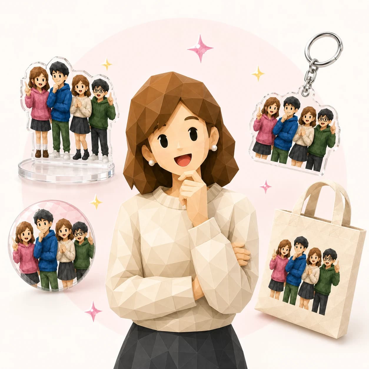 アクリルスタンド・アクリルキーホルダー・缶バッジ・トートバッグなど、MOTTOで作れるグッズのイメージイラスト